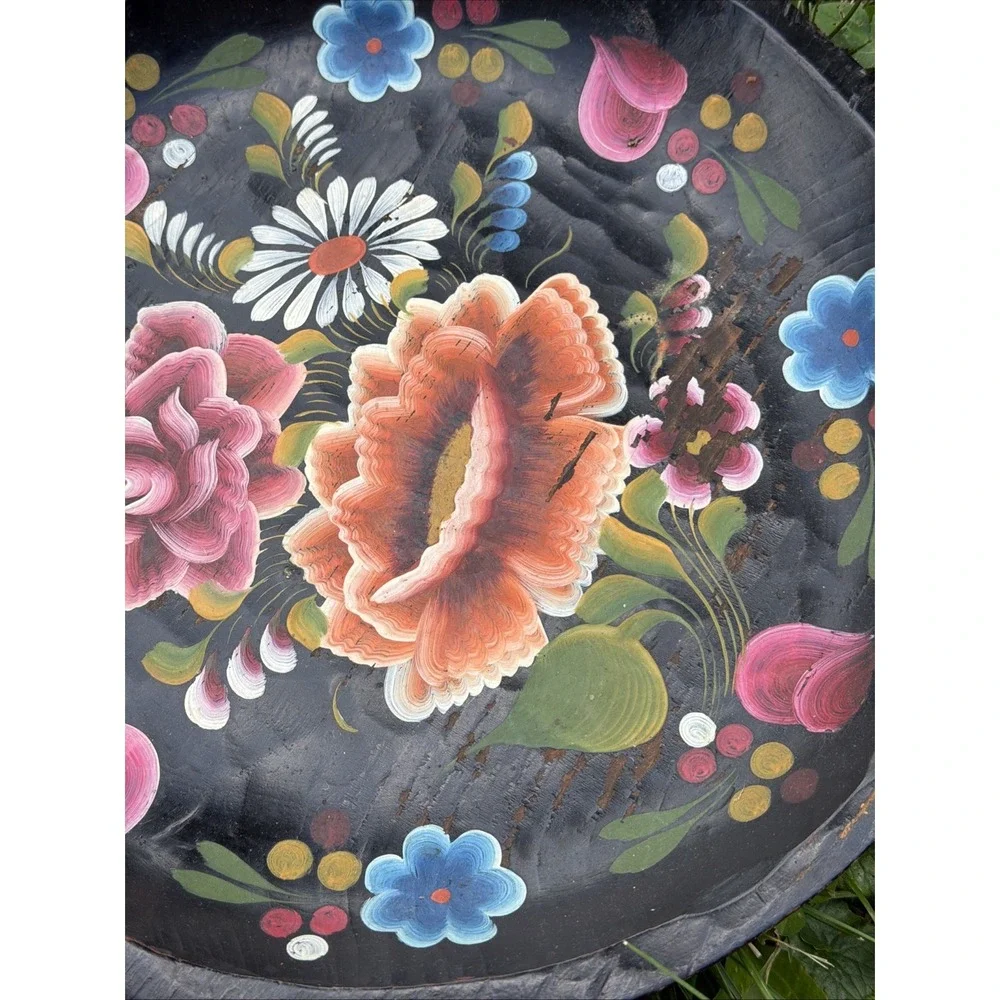 Vintage Mexican Hand-Painted Wooden Batea Bowl • Set Of 4 Peacocks Flowers - Picture 4 of 11